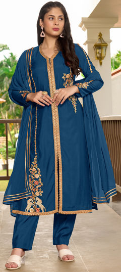 Blue color Salwar Kameez in Art Silk fabric with Embroidered, Lace, Resham, Thread work