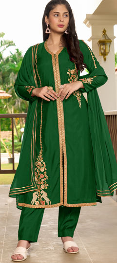 Green color Salwar Kameez in Art Silk fabric with Embroidered, Lace, Resham, Thread work