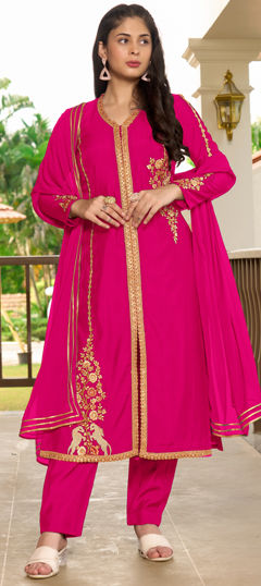 Pink and Majenta color Salwar Kameez in Art Silk fabric with Embroidered, Lace, Resham, Thread work