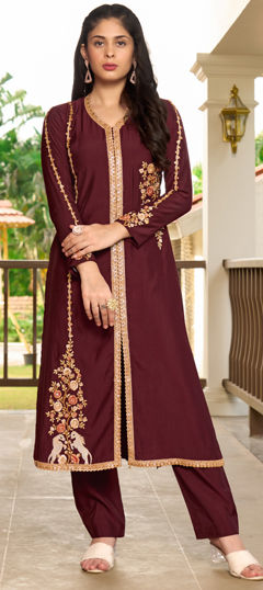 Red and Maroon color Salwar Kameez in Art Silk fabric with Embroidered, Lace, Resham, Thread work