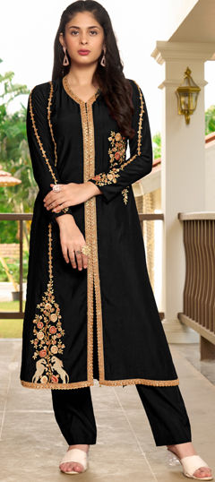 Black and Grey color Salwar Kameez in Art Silk fabric with Embroidered, Lace, Resham, Thread work