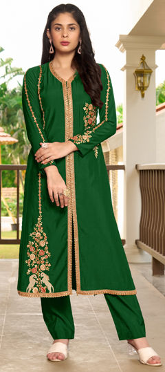 Green color Salwar Kameez in Art Silk fabric with Embroidered, Lace, Resham, Thread work