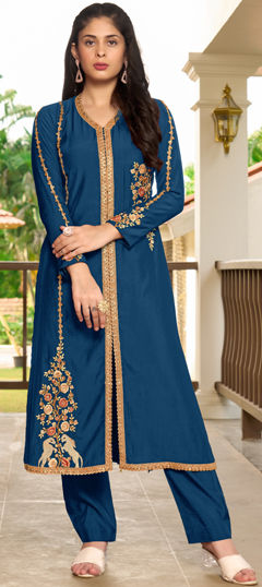 Blue color Salwar Kameez in Art Silk fabric with Embroidered, Lace, Resham, Thread work
