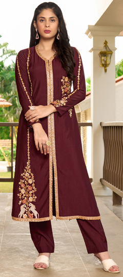 Red and Maroon color Kurti in Art Silk fabric with Embroidered, Lace, Resham, Thread work