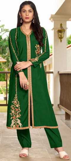 Green color Kurti in Art Silk fabric with Embroidered, Lace, Resham, Thread work