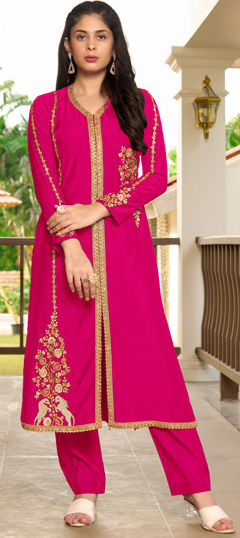 Pink and Majenta color Kurti in Art Silk fabric with Embroidered, Lace, Resham, Thread work