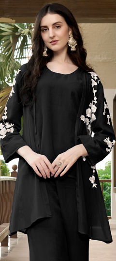 Black and Grey color Kurti in Georgette fabric with Embroidered, Thread work