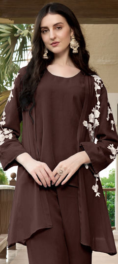 Beige and Brown color Kurti in Georgette fabric with Embroidered, Thread work
