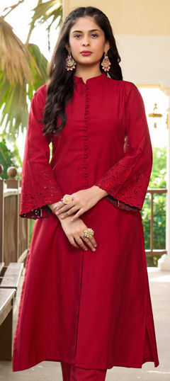 Red and Maroon color Kurti in Art Silk fabric with Embroidered, Resham, Thread work
