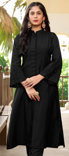 Black and Grey color Kurti in Art Silk fabric with Embroidered, Resham, Thread work