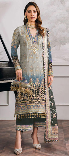 Black and Grey color Salwar Kameez in Faux Georgette fabric with Digital Print, Embroidered, Sequence, Thread work