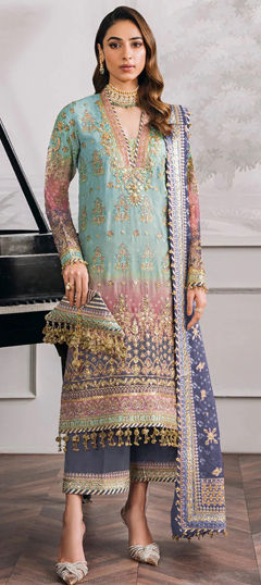 Blue, Pink and Majenta color Salwar Kameez in Faux Georgette fabric with Digital Print, Embroidered, Sequence, Thread work