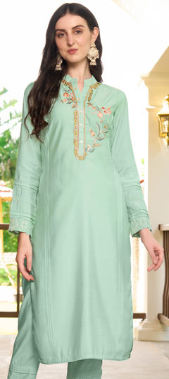 Green color Kurti in Art Silk fabric with Embroidered, Resham, Thread work