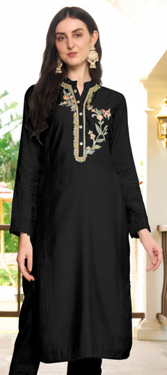 Black and Grey color Kurti in Art Silk fabric with Embroidered, Resham, Thread work