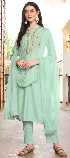 Green color Salwar Kameez in Art Silk fabric with Embroidered, Resham, Thread work