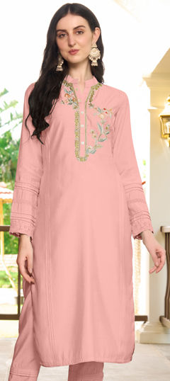 Pink and Majenta color Kurti in Art Silk fabric with Embroidered, Resham, Thread work