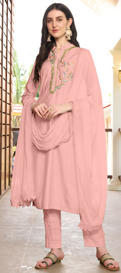 Pink and Majenta color Salwar Kameez in Art Silk fabric with Embroidered, Resham, Thread work