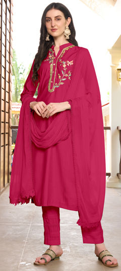 Pink and Majenta color Salwar Kameez in Art Silk fabric with Embroidered, Resham, Thread work