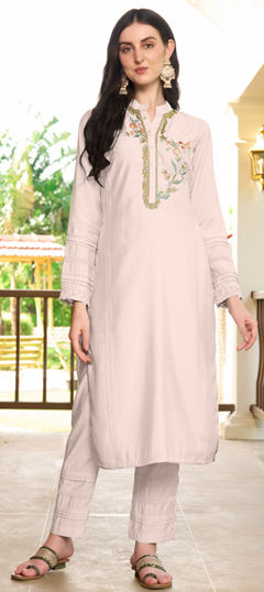 White and Off White color Salwar Kameez in Art Silk fabric with Embroidered, Resham, Thread work
