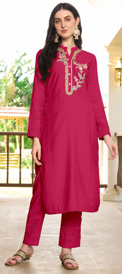 Pink and Majenta color Salwar Kameez in Art Silk fabric with Embroidered, Resham, Thread work