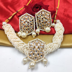 Gold Rodium Polish White and Off White color Necklace in Metal Alloy studded with Kundan, Pearl