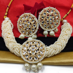 Gold Rodium Polish White and Off White color Necklace in Metal Alloy studded with CZ Diamond, Pearl