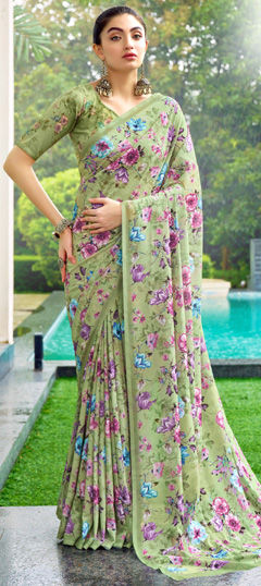 Green color Saree in Georgette fabric with Digital Print, Floral work