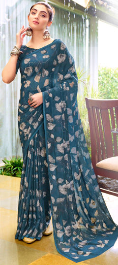 Blue color Saree in Georgette fabric with Digital Print work