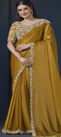 Yellow color Saree in Satin Silk fabric with Sequence, Stone, Thread, Zari work