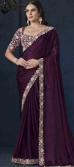 Purple and Violet color Saree in Chiffon fabric with Moti, Sequence, Thread, Zari work