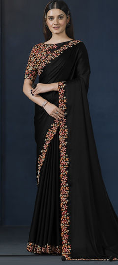 Black and Grey color Saree in Satin Silk fabric with Moti, Stone, Thread work