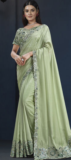 Bridal, Traditional, Wedding Green color Saree in Tussar Silk fabric with Classic Embroidered, Sequence, Stone work : 1973632