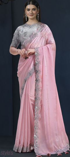 Bridal, Traditional, Wedding Pink and Majenta color Saree in Satin Silk fabric with Classic Embroidered, Sequence, Stone work : 1973633