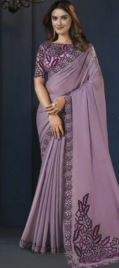 Bridal, Traditional, Wedding Purple and Violet color Saree in Satin Silk fabric with Classic Embroidered, Sequence, Stone work : 1973634