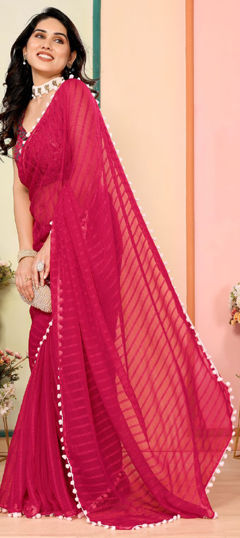 Pink and Majenta color Saree in Georgette fabric with Lace work