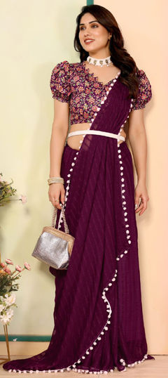 Pink and Majenta color Saree in Georgette fabric with Lace work