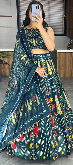 Festive, Party Wear, Reception Blue color Lehenga in Art Silk fabric with Flared Floral, Gota Patti, Printed work : 1973653