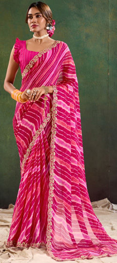 Pink and Majenta color Saree in Chiffon fabric with Lehariya, Printed, Sequence, Thread, Zari work