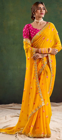 Festive, Party Wear Yellow color Saree in Chiffon fabric with Classic Printed, Sequence, Thread, Zari work : 1973662