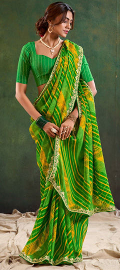 Festive, Party Wear Green color Saree in Chiffon fabric with Classic Lehariya, Printed, Sequence, Thread, Zari work : 1973664