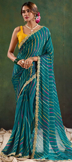 Festive, Party Wear Blue color Saree in Chiffon fabric with Classic Lehariya, Printed, Sequence, Thread, Zari work : 1973665