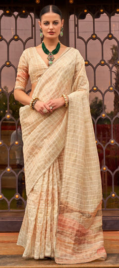 Beige and Brown color Saree in Tissue fabric with Lace, Printed work