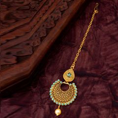 Gold Rodium Polish Blue color Mang Tikka in Metal Alloy studded with CZ Diamond