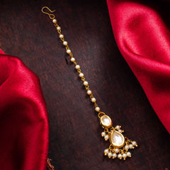 Gold Rodium Polish White and Off White color Mang Tikka in Brass studded with Kundan, Pearl