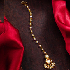 Gold Rodium Polish Gold color Mang Tikka in Brass studded with Kundan, Pearl