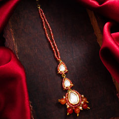 Gold Rodium Polish Orange color Mang Tikka in Brass studded with Kundan, Pearl