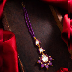 Gold Rodium Polish Purple and Violet color Mang Tikka in Brass studded with Kundan, Pearl
