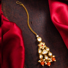 Gold Rodium Polish Orange color Mang Tikka in Brass studded with Kundan, Pearl