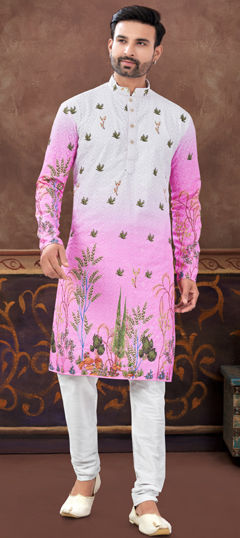 Festive Pink and Majenta color Kurta Pyjamas in Rayon fabric with Digital Print, Embroidered, Thread work : 1973905