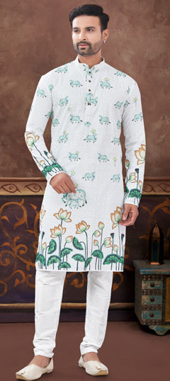 Festive White and Off White color Kurta Pyjamas in Rayon fabric with Digital Print, Embroidered, Thread work : 1973910